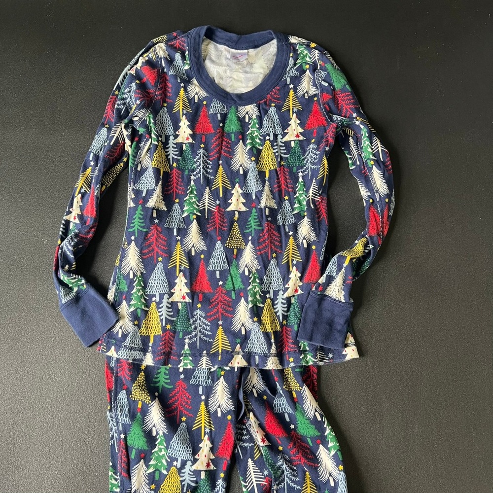 Hanna Andersson Women Christmas Tree Pajama Set Navy Organic Cotton S/XS Festive